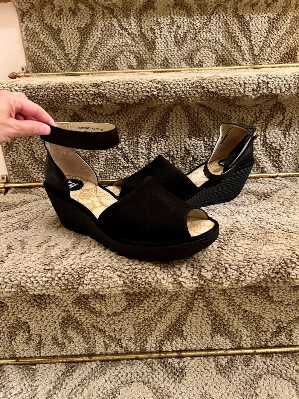 Fly London Yula Black Perforated Suede Wedge Sandals Shoes 42 or 10.5 - 11 - Picture 2 of 9